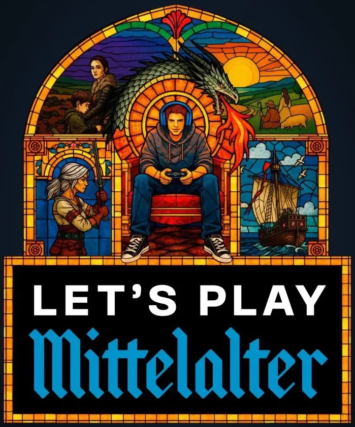 Let's Play Mittelalter — Buntglasfenster mit Gamer auf dem Thron, Drache, Hansekogge und Schwertkämpferin